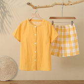 24春夏新款 家居服圆领开衫 纯棉双层纱布睡衣柔软透气国风短袖 短裤