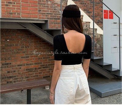紧身美背短袖t恤夏季新百搭黑色显瘦上衣露背美背圆领胖mm小衫