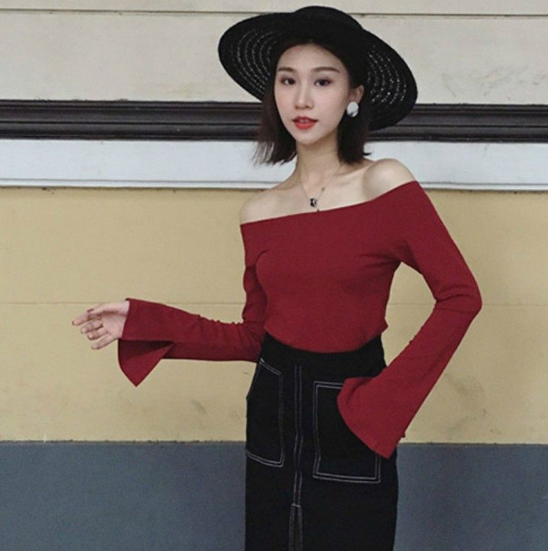 性感一字领漏肩t恤新款修身显瘦喇叭袖上衣百搭弹力打底衫大码女,女装/女士精品,T恤,淘宝优惠券,粉丝福利购,淘宝优惠卷