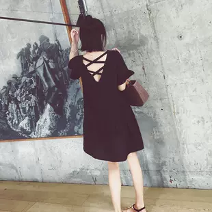 舒适圆领中长款 t恤后背交叉带短裙休闲网红女 宽松显瘦连衣裙夏季