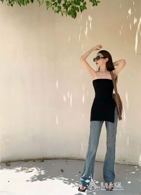 法式小香风吊带背心女夏季外穿性感露背无袖侧开叉抹胸中长款上衣