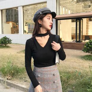 黑色小衫 挂脖长袖 百搭舒适打底衫 纯色弹力上衣大码 T恤2020春新款