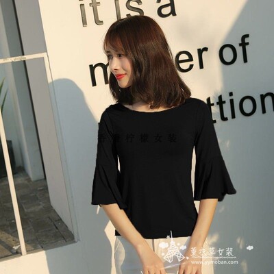 适中喇叭袖新款黑色棉