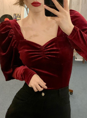 金丝绒t恤复古港风泡泡袖显瘦丝绒打底衫心机小衫美背洋气上衣女