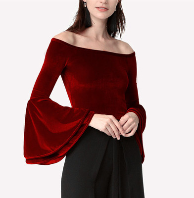 一字领漏肩金丝绒t恤百搭上衣