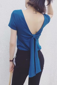 修身漏背短袖t恤女后背蝴蝶结绑带紧身大码上衣半袖打底衫舞蹈服