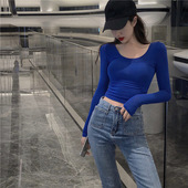 T恤秋冬新款 纯色百搭打底衫 短款 圆领紧身长袖 黑色大码 内搭上衣女