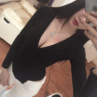 V领显瘦T恤女秋冬性感紧身上衣 黑色弹力长袖低胸内搭系带打底衫