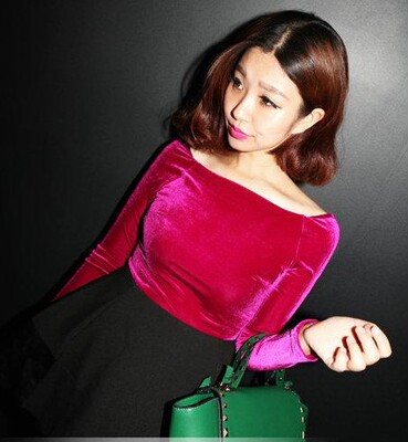 一字领金丝绒t恤女长袖露肩显瘦