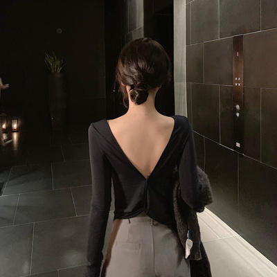 露背长袖t恤春秋小众性感美背女