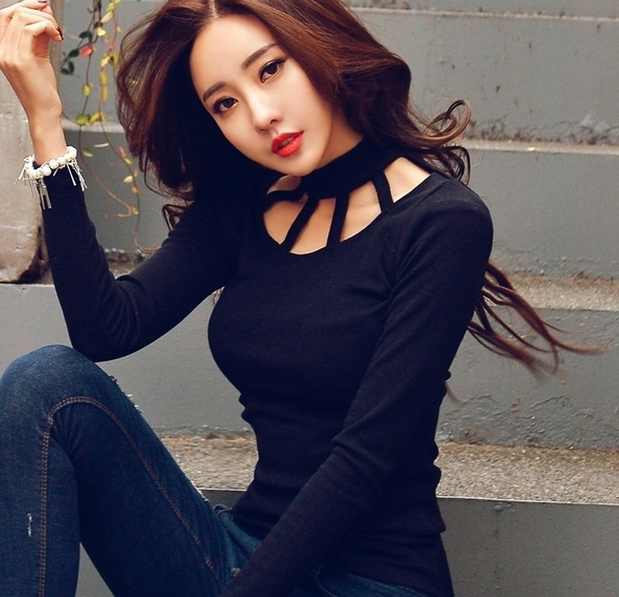 修身半高领镂空长袖t恤女秋冬新款性感百搭上衣黑色弹力打底衫