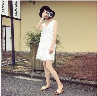 20020新款 打底连衣裙超仙范女 无袖 V领甜美流苏羽毛背心裙简约时尚