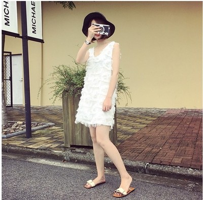 0领甜美流苏羽毛背心简约连衣裙