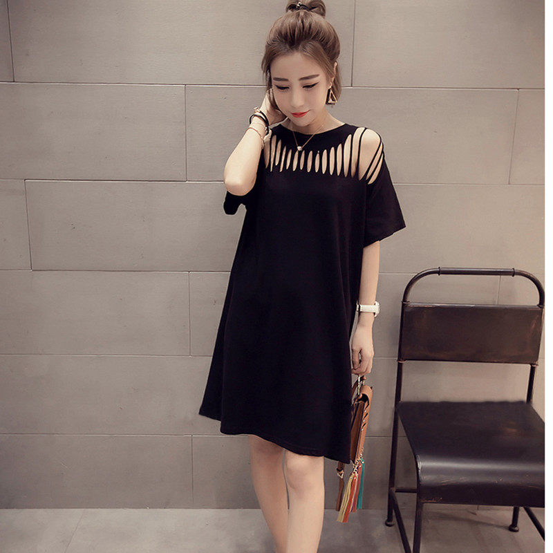 宽松短袖中长款t恤春夏新款性感显瘦打底衫漏肩流苏不对称连衣裙
