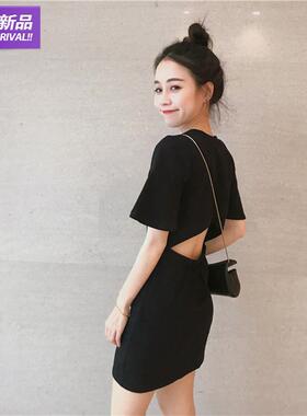 2021港风镂空小心机露背大码纯棉连衣裙女春秋新款韩版显瘦小黑裙