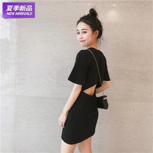韩版 显瘦小黑裙 纯棉连衣裙女春秋新款 2021港风镂空小心机露背大码