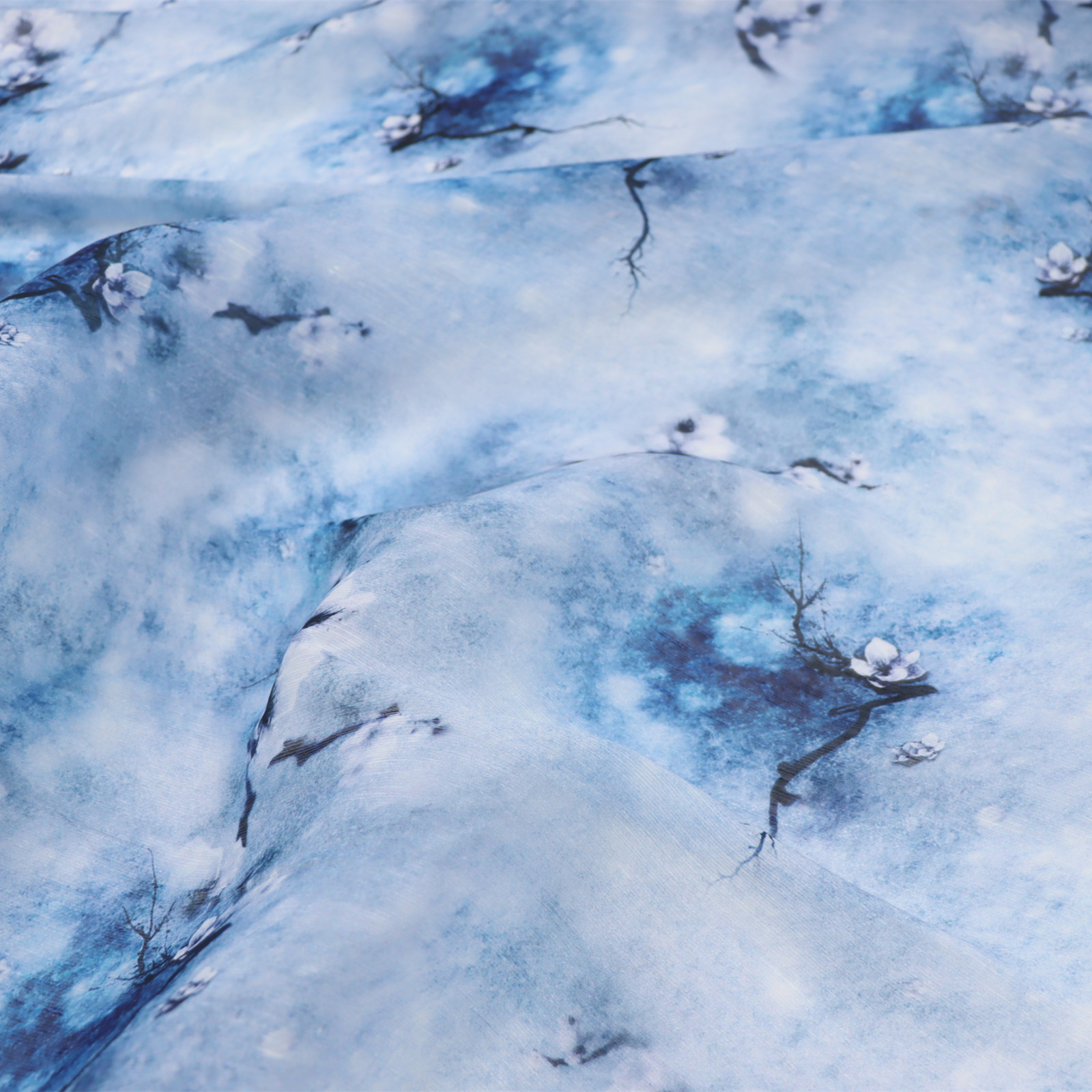 宽幅蓝朦胧底桃花真丝丝麻连衣裙半身裙旗袍桑蚕丝服装布料面料