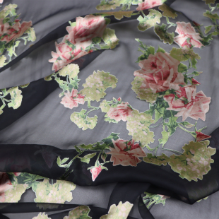 宽幅黑底花朵真丝烂花绡旗袍连衣裙桑蚕丝服装布料面料