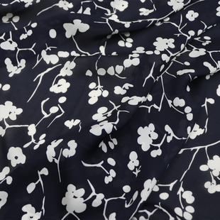 藏青色 白色花朵 真丝双乔连衣裙旗袍汉服桑蚕丝服装布料面料