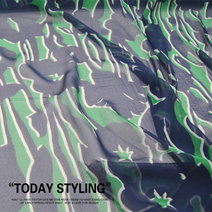 藏青色绿色相间花朵真丝顺纡纱衬衫 布面料 连衣裙丝巾桑蚕丝服装