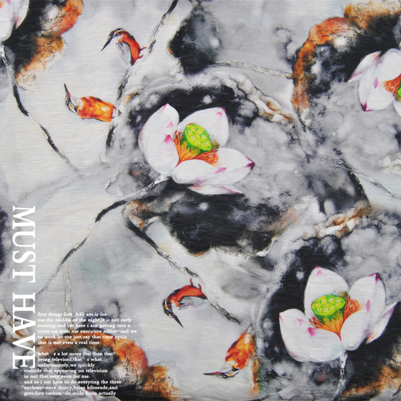 荷花灰底鸟の真丝丝麻亚麻春夏薄透连衣裙半身裙汉服旗袍布料面料