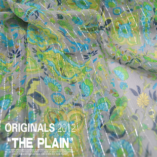 宽幅 绿花 银线 真丝顺纡乔其纱面料 轻薄透 连衣裙衬衫面料布料