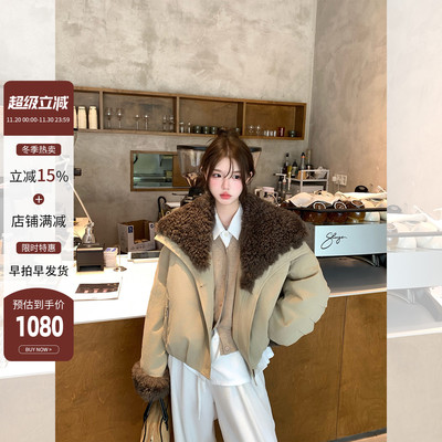 托斯卡纳翻领羊毛皮草外套女羽绒