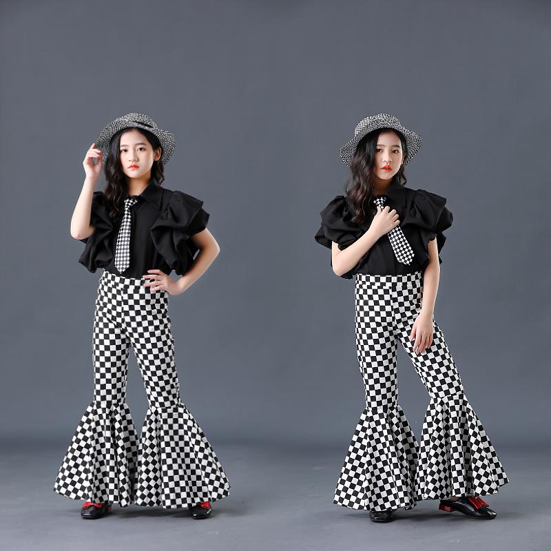 女童复古港风喇叭裤儿童T台走秀潮服个性机车服摇滚风时尚演出服