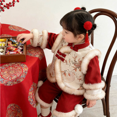 拜年唐装宝宝演出服加厚服儿童周岁喜庆女童过年礼服套装冬季新年