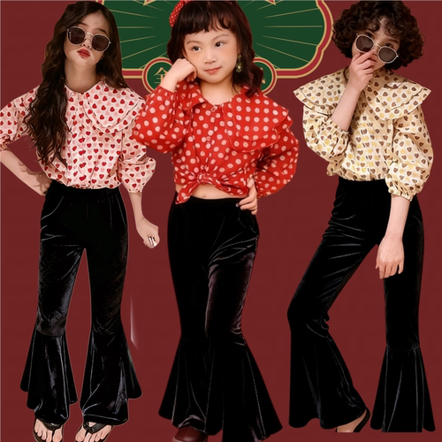 儿童复古港风走秀舞蹈演出服女童8090年代怀旧花衬衫喇叭裤表演服
