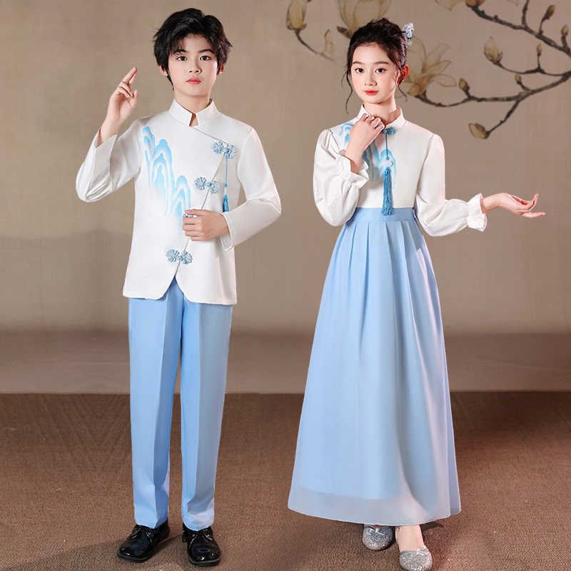 儿童小学生少儿中国风蓝色女童合唱爱国演讲朗诵比赛礼服演出服装