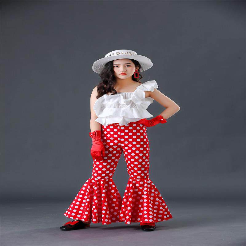 女童复古港风喇叭裤儿童T台时尚走秀潮服个性机车摇滚风演出服潮