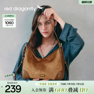 红蜻蜓hobo棕色包包新款反绒面单肩斜挎仿麂皮时尚大容量托特女包