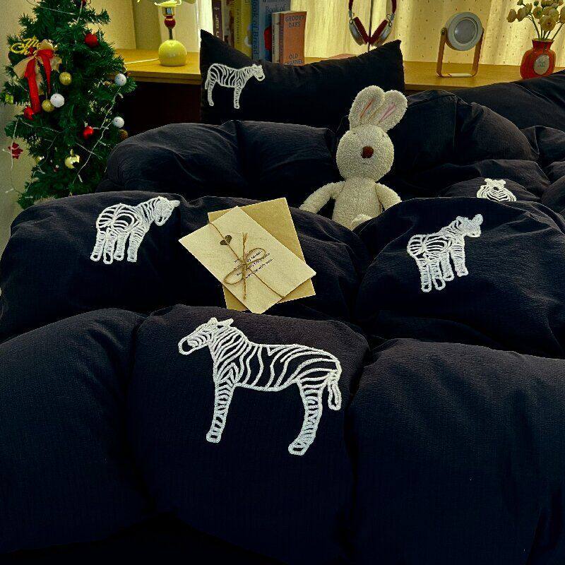 春夏新款可爱毛巾绣四件套黑白斑马学生床单三件套单被套床上用品