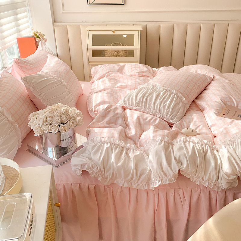 洛可可ins公主风纯色水洗棉花边款床上四件套床单床裙款宿舍床品