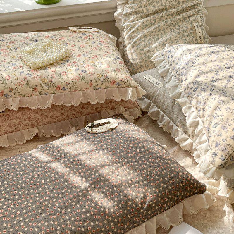 棉麻新款法式花边枕荞枕芯加枕套荞麦款丝绒款成人碎花单枕套枕芯