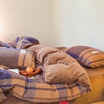 秋冬加厚仿羊绒条纹格牛奶绒床上四件套宿舍三件套床单床笠款保暖