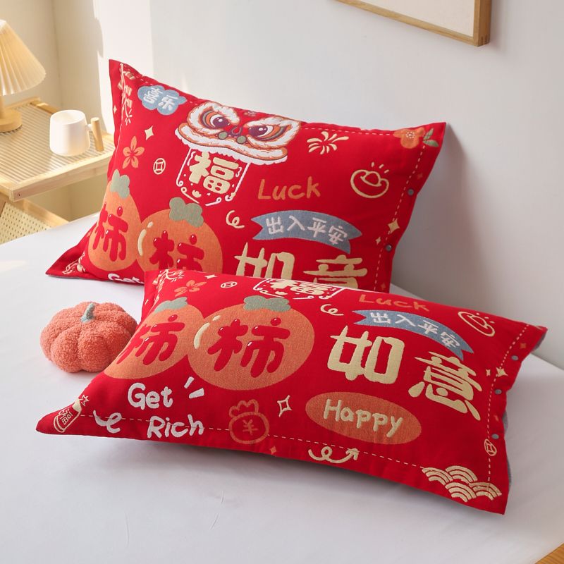 高支密全棉纯棉大红纱布四层枕套