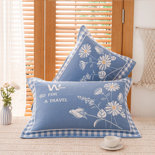 新款全棉枕巾一对装三层纱布枕头