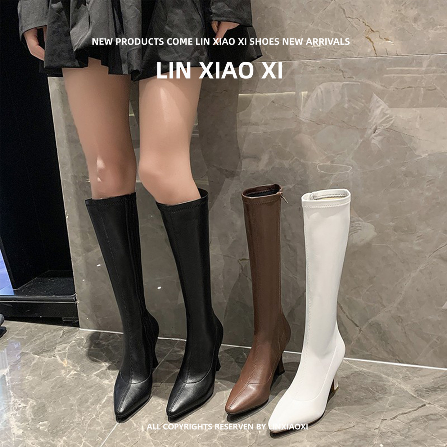 秋冬法式尖头细跟不过膝长靴