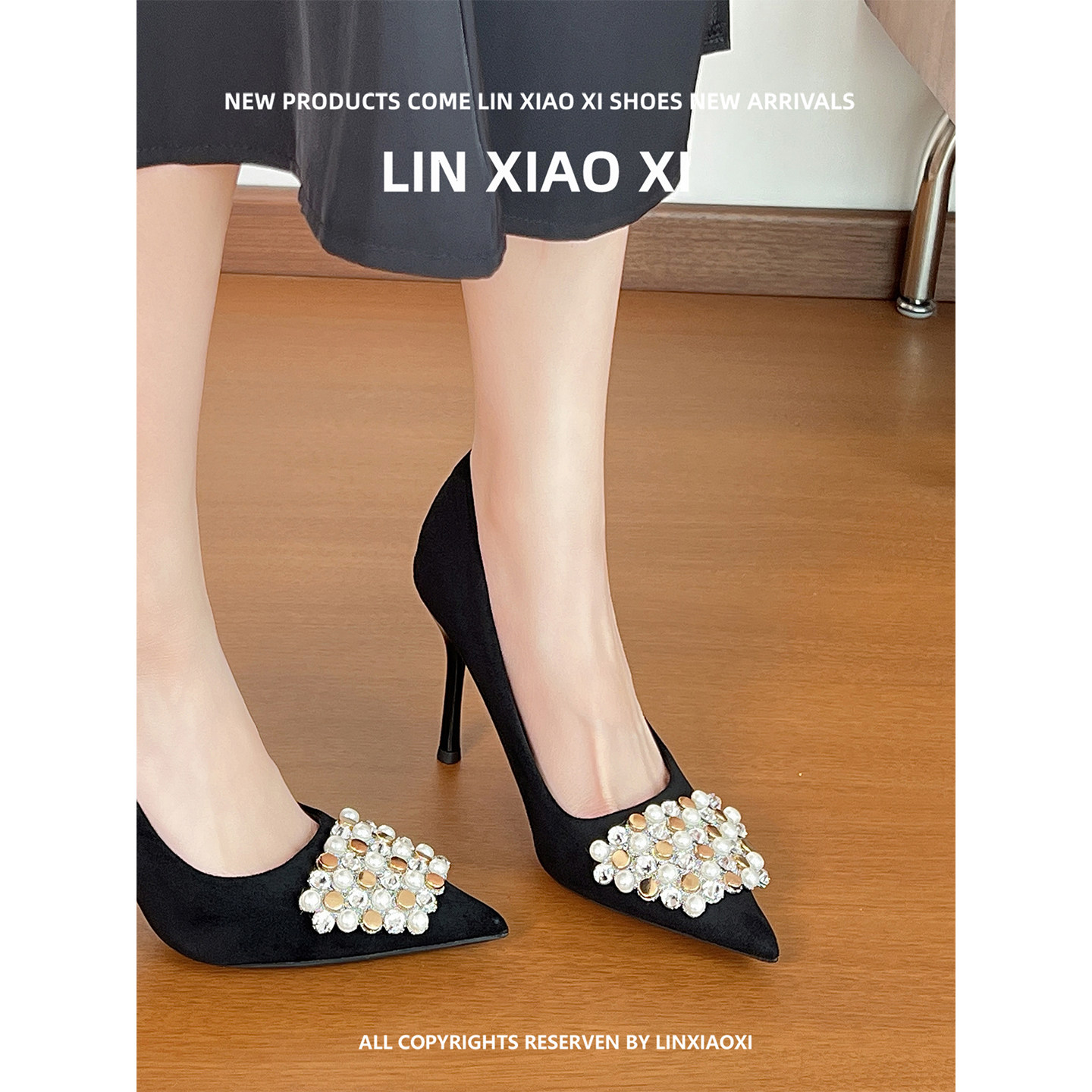 法式绝美珍珠黑色高跟鞋女细跟尖头不累脚通勤职业浅口单鞋配裙子