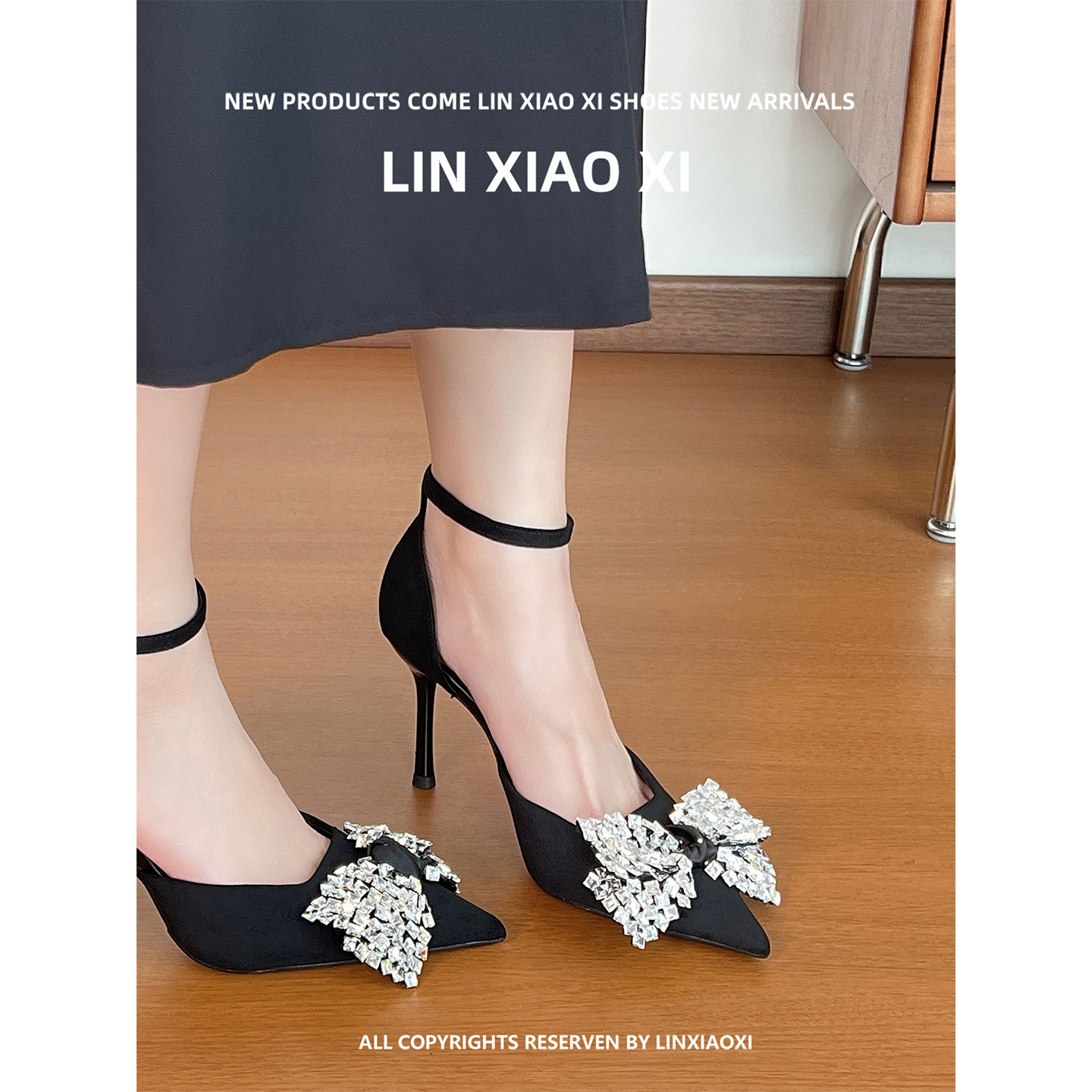 法式水钻蝴蝶结黑色高跟鞋女细跟尖头不累脚绝美凉单鞋女款配裙子