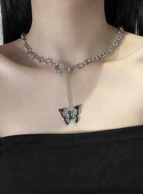 MINBIN蓝黑色蝴蝶气质款项链女ins嘻哈复古冷淡风锁骨链小众设计