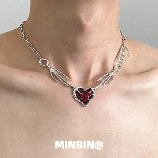 朋克红色爱心项链男小众嘻哈高级设计感夸张暗黑辣妹锁骨链女颈链