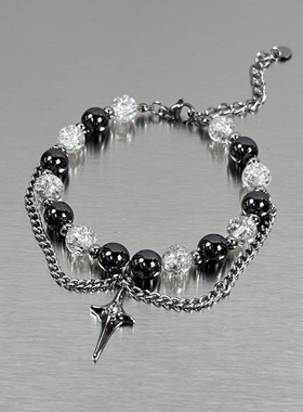 MINBIN 黑白冰裂珠星芒钛钢手链男女ins嘻哈小众高级感情侣手饰潮