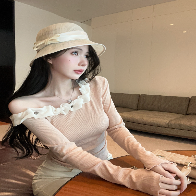 法式小清新立体花朵上衣女2025秋冬新款设计感斜肩露肩长袖t恤ins