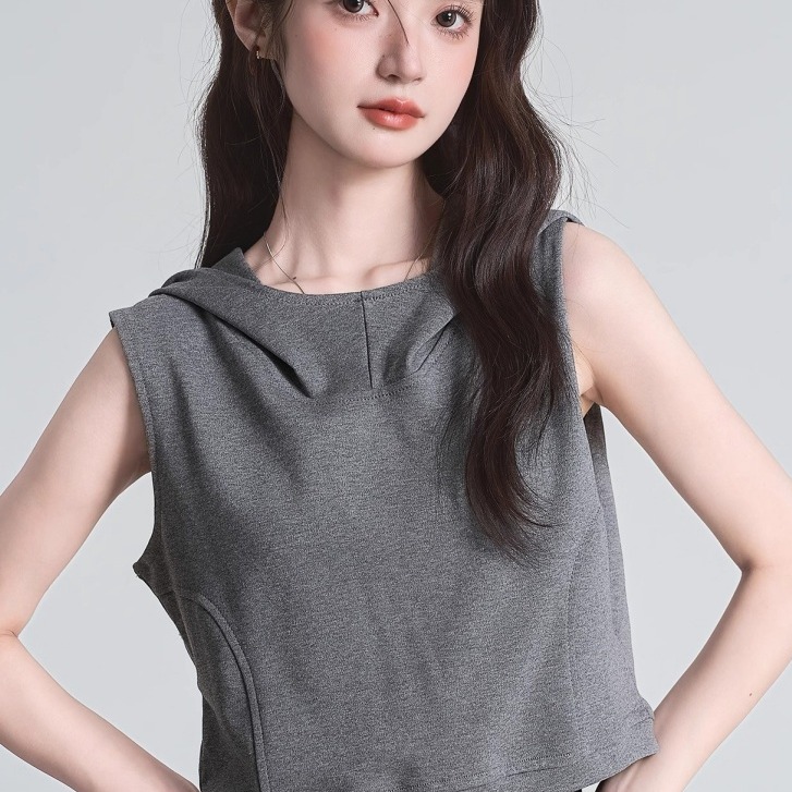 辣妹风露背镂空设计感连帽无袖坎肩T恤女2025年夏季别致短款上衣