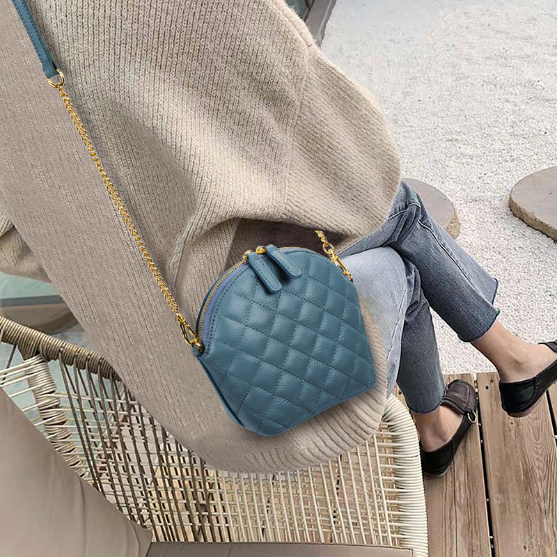 高级感真皮菱格小包包2021新款百搭女士贝壳包头层牛皮链条斜挎包