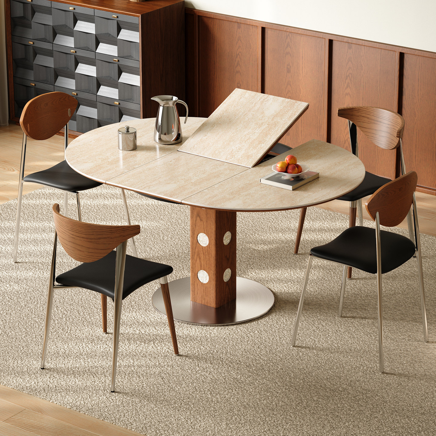 木小咖实木胡桃色洞石岩板餐桌折叠伸缩方圆两用伯格圆饭桌椅组合,住宅家具,岩板餐桌,淘宝优惠券,粉丝福利购,淘宝优惠卷