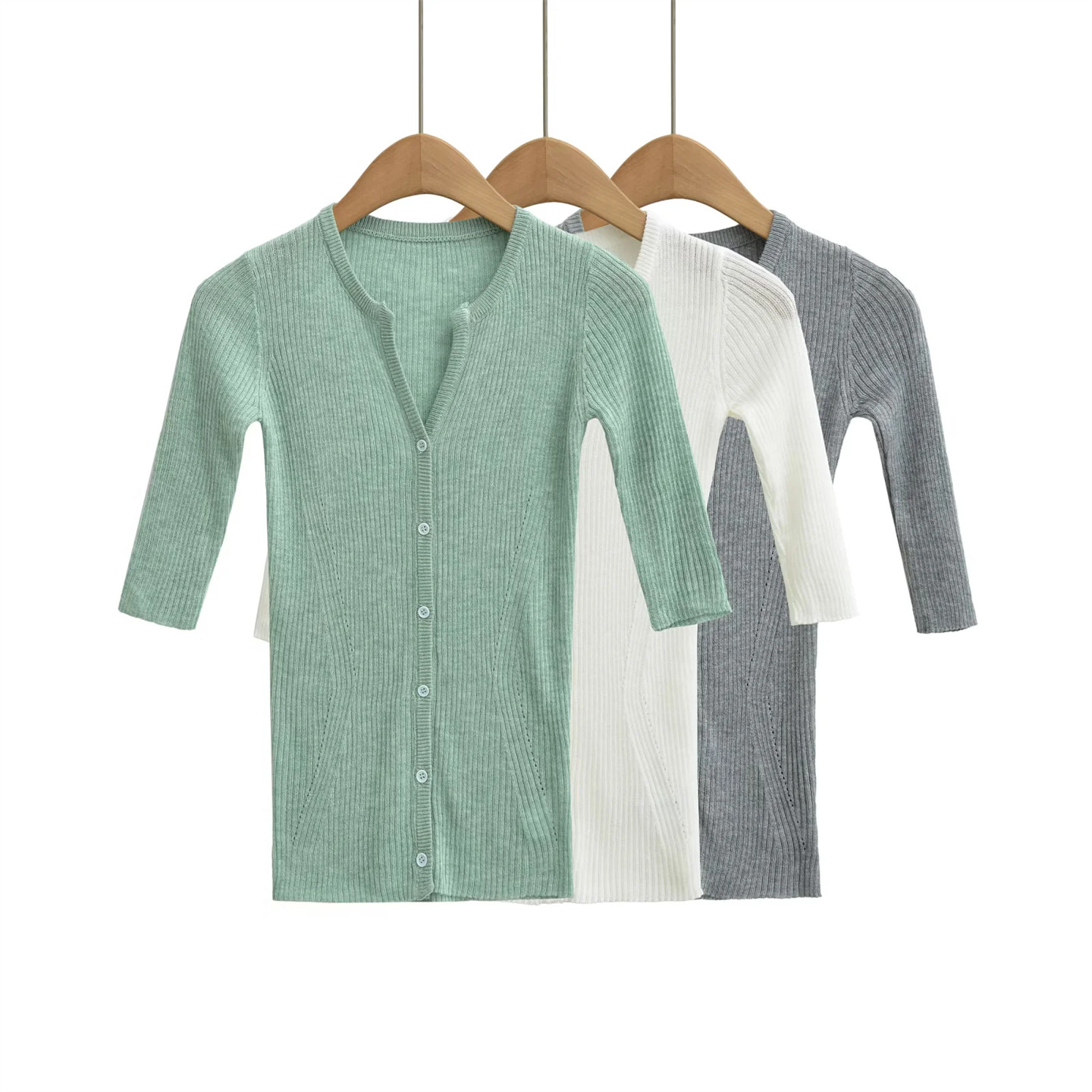 辣妹灰色五分袖针织衫女装开衫春季薄款修身显瘦高腰短款百搭上衣